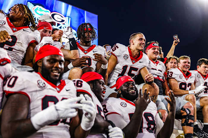 Georgia Football Team after Georgia’s game against Florida at TIAA Bank Field in Jacksonville, Fla., on Saturday, Oct. 28, 2023. (Kari Hodges/UGAAA)